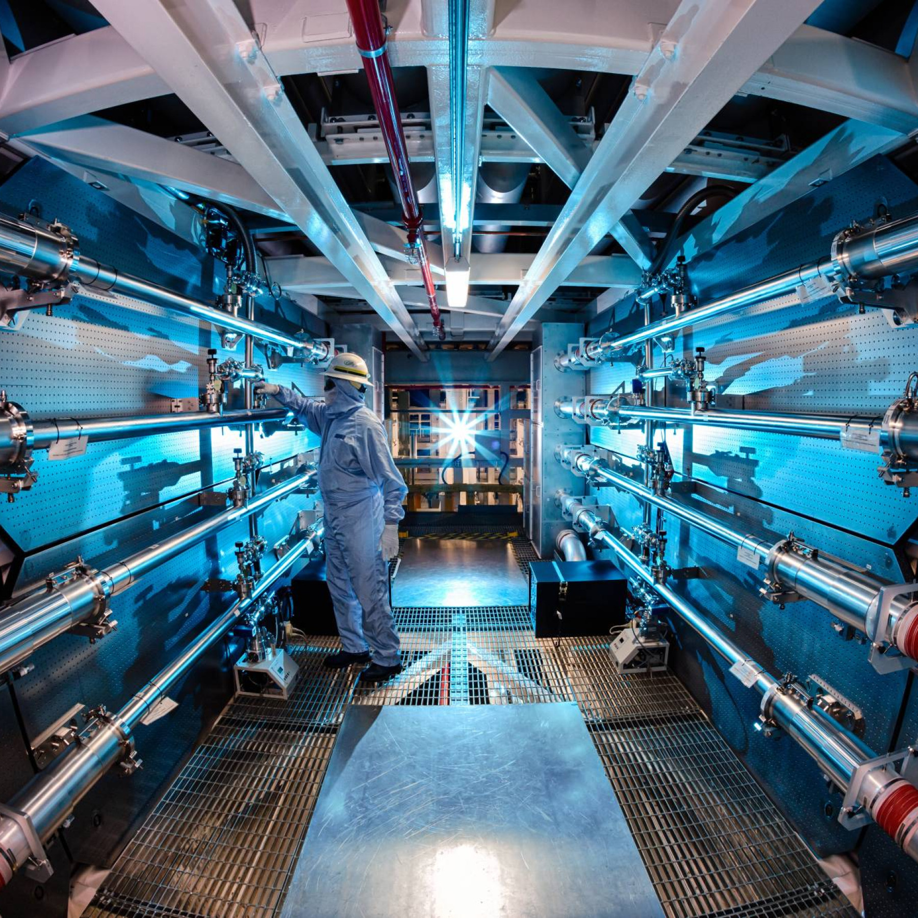 The interior of the target chamber at LLNL, where nuclear fusion takes place